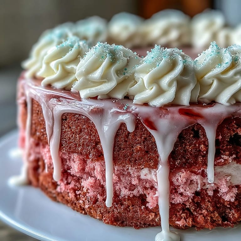 Decadent cream cheese frosted Rosé Velvet Cake, drizzled with edible gold.