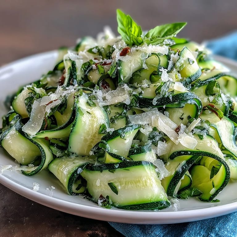 Close-up of Shaved Zucchini Ribbon Salad with lemon zest, basil, and Parmesan cheese.