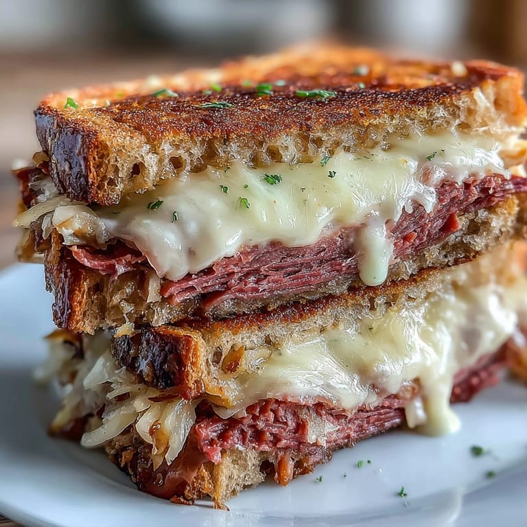 Delicious Reuben grilled cheese piled high with sauerkraut and corned beef, ready to eat.