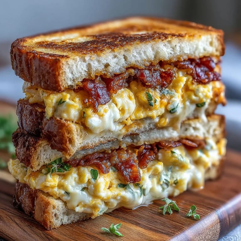 Golden grilled Bacon Egg and Cheese sandwich, with melted cheddar and perfectly cooked eggs.