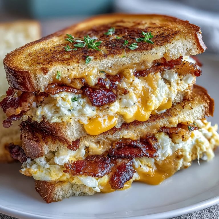 Ultimate Bacon Egg and Cheese Grilled Cheese, a warm, savory breakfast comfort food.