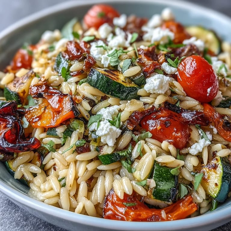 Bright Orzo with Roasted Vegetables and Crumbled Feta, perfect summer side dish.