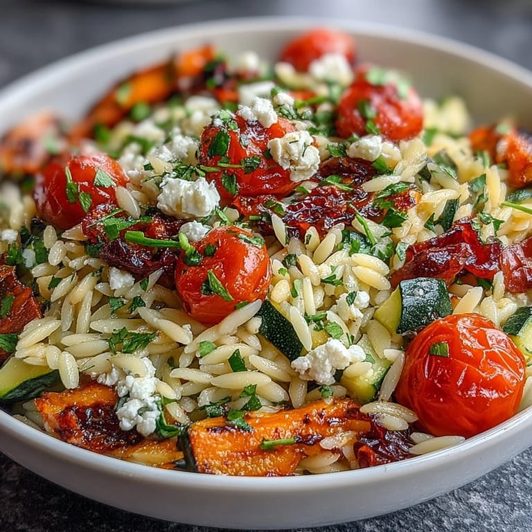 Hearty Orzo with Roasted Vegetables and Creamy Feta, vegetarian comfort food.