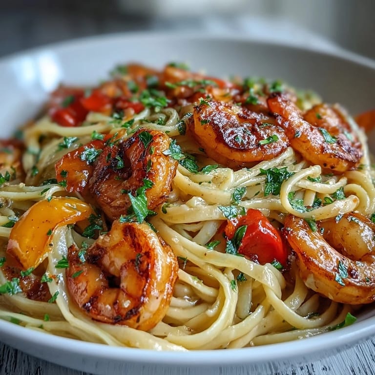 Hearty Cajun shrimp pasta dish garnished with fresh parsley and lemon.