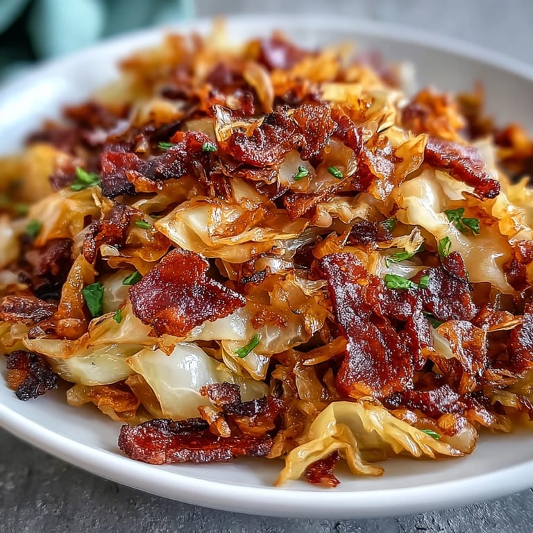 Comforting fried cabbage with crispy bacon and soft, savory onions.