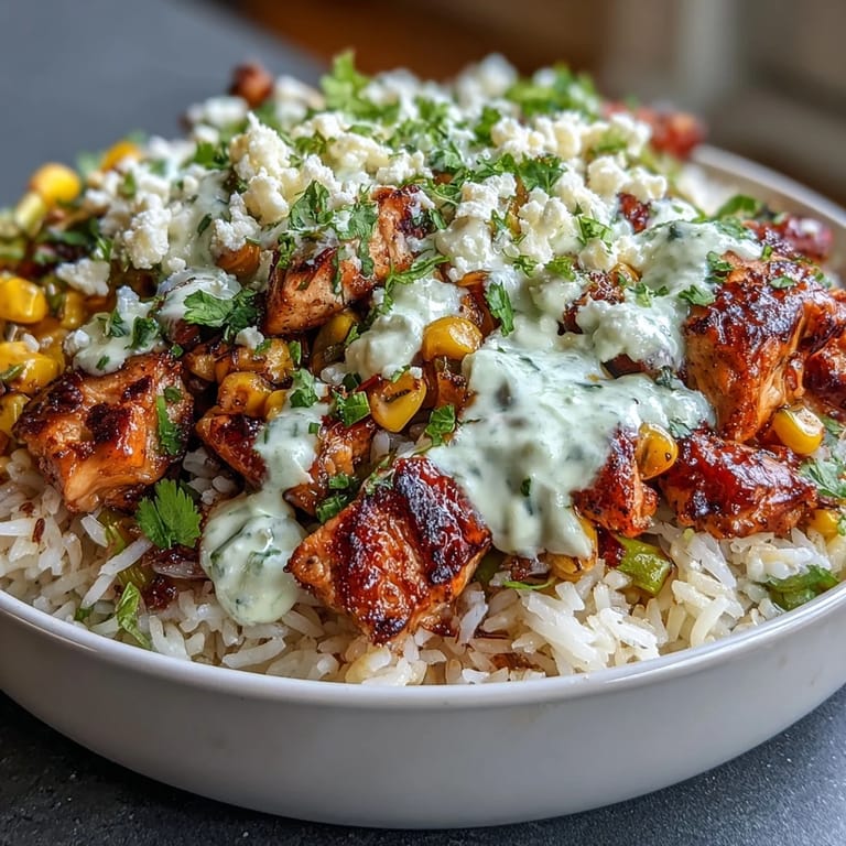 Vibrant Street Corn Chicken Rice Bowls garnished with fresh avocado and cilantro.