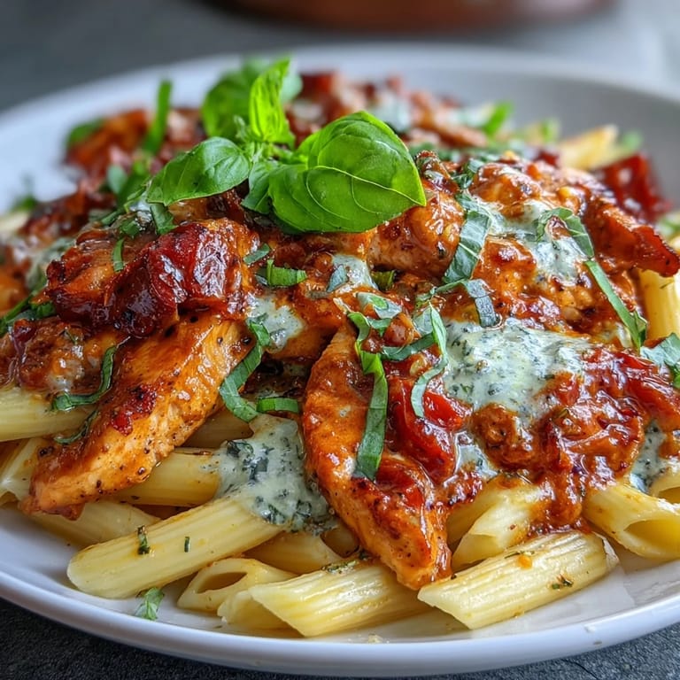 Velvety Italian Creamy Tomato Basil Chicken Pasta, topped with fresh basil garnish.