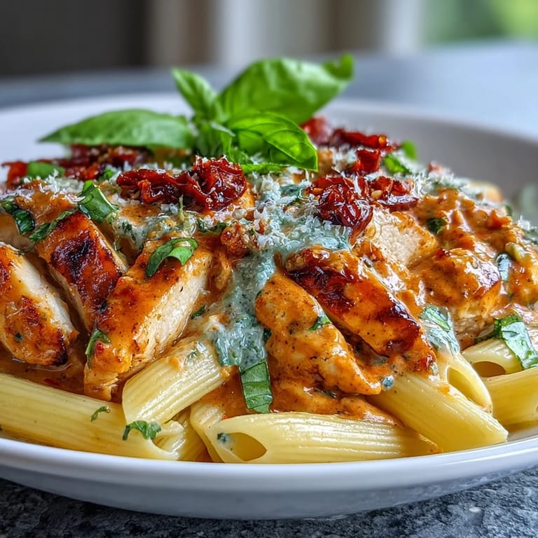 A comforting bowl of Creamy Tomato Basil Chicken Pasta, perfect for dinner.