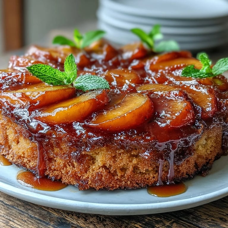 Serving a slice of moist Brown Sugar Peach Upside-Down Cake with ripe fruit.