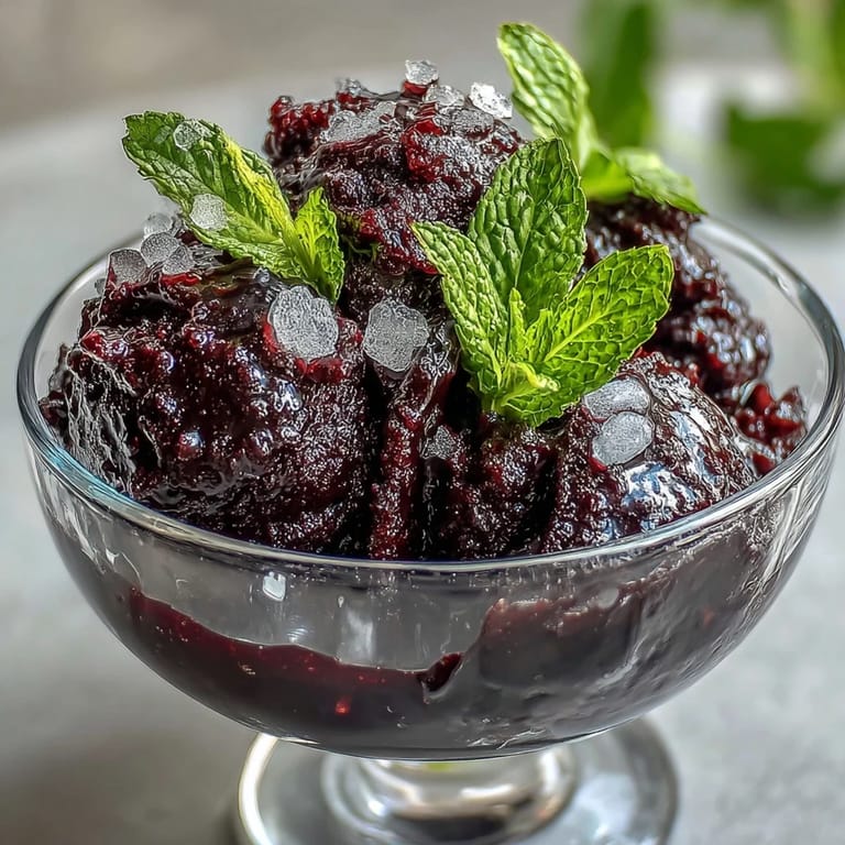 Chilled Frozen Grape Lime Sorbet presented artfully in a bowl with mint.