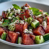 Freshly cubed watermelon, diced cucumber, and crumbled feta cheese tossed with mint on a platter, ready for a summer picnic. Watermelon Feta Cucumber Salad with Balsamic Glaze is drizzled with rich syrup.