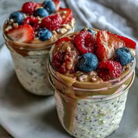 Creamy overnight oats with fresh berries and a rich almond butter swirl in a clear glass jar, perfect for a healthy make-ahead breakfast.