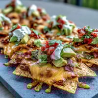 Vibrant summer party nacho board with crispy tortilla chips, melted cheese, and fresh strawberry salsa for a festive appetizer.