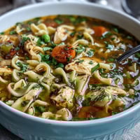 A steaming bowl of Chicken Run One-Pot Chicken Noodle Soup with tender chicken, fresh vegetables, and egg noodles in savory broth.