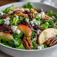 Crunchy celery apple salad with walnuts and feta, showcasing crisp apple slices and toasted nuts on fresh greens.