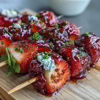 Festive Fourth of July fruit skewers with strawberries, bananas, and blueberries arranged in patriotic colors.