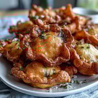 Golden dandelion fritters with crispy coating served alongside a creamy herb dipping sauce, perfect for a light appetizer or snack.