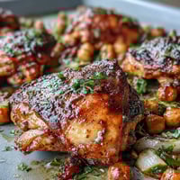 Harissa chicken thighs roast with chickpeas and colorful peppers for a vibrant, spicy traybake. Juicy harissa-marinated chicken and vegetables create a flavorful one-pan dinner. Golden roasted harissa chicken with chickpeas and zucchini makes a satisfying Mediterranean-inspired meal.