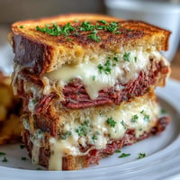 Golden-brown Reuben grilled cheese sandwich overflowing with corned beef and Swiss cheese.