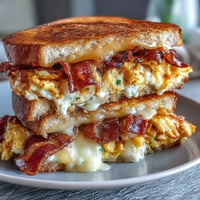 Bacon Egg and Cheese Grilled Cheese: crispy bacon, gooey cheese, and fluffy eggs grilled golden brown.