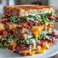 Golden BLT grilled cheese sandwich with crispy bacon and melted cheddar.