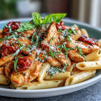 Creamy Tomato Basil Chicken Pasta dish with tender chicken and vibrant herbs.
